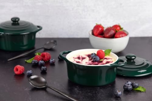 Image of Kook Mini Cocotte, Lids, Handles, Dutch Oven, Set of 4, 12 oz, Forest Green