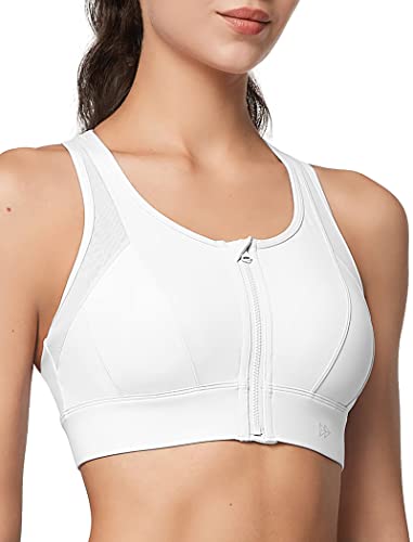 Image of Yvette High Impact Zip Front Sports Bra for Women | Supportive, Breathable Mesh Racerback, Nonremovable Cups, Wireless, Easy on and off, Running
