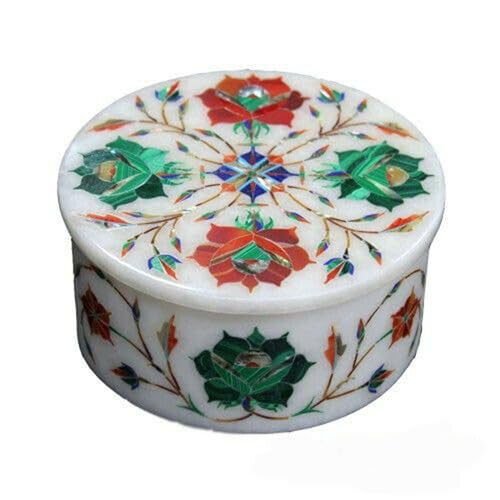 Joyero de mármol blanco de 4 x 4 pulgadas con aspecto elegante, caja de accesorios de trabajo con incrustaciones de patrón floral único