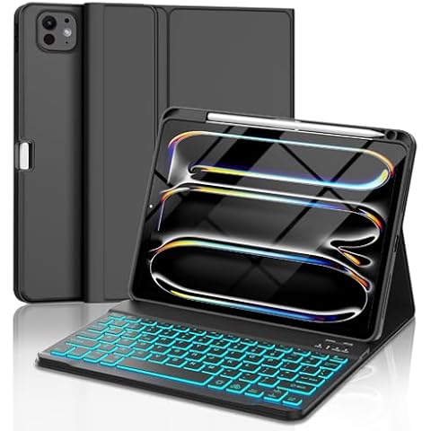FARYODI iPad Pro 11 inch Case with Keyboard (M4, 2024), Wireless Magnetic 7 Color Backlit Keyboard, Smart Folio Cover with Pencil Holder, Auto Sleep/Wake, for iPad 11 Pro 2024 (M4) - Black Cover
