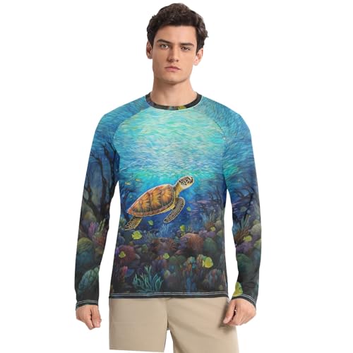 Men's Sun Protection Shirts Turtle Swimming in The Sea UPF 50+ Long Sleeve Rash Guard Quick Dry Shirt