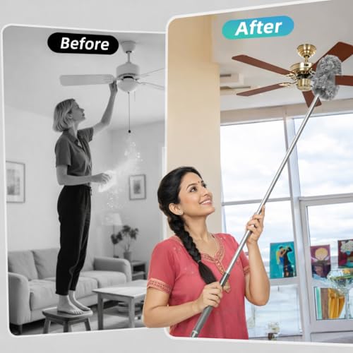 Image of DecorTwist Extendable Ceiling Fan Cleaning Duster with Adjustable Rod | Washable Microfiber Long Handle Cleaner for Fan, Cobweb, Lights & Home Cleaning (Flat Fan Blade Cleaner)