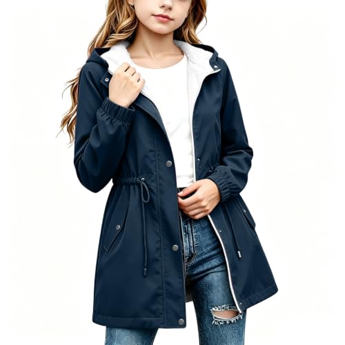 Image of Navy Waterproof Jackets Girls Warm Fleece Lined Raincoat Pockets 10 Years