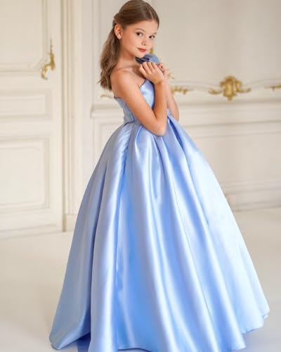 One Shoulder Flower Girl Dress Satin Pageant Dresses First Communion Dress with Bow Ball Gown4