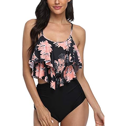 Sixyotie Swimsuit for Women Two Piece Bathing Suits Ruffled Top with High Waisted Bottom Bikini Sets Swimwear (Aorangeleaf, M) Cover