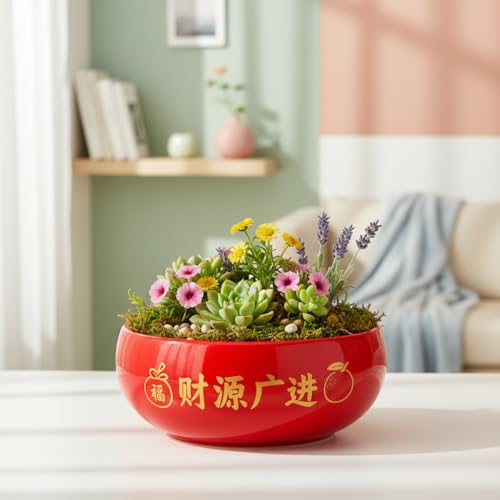 Image of Xtore Striking Glossy Red Ceramic Planter Bowl for Indoor Decor & Bonsai Styling | Wide Shallow Round Pot for Tabletop, Shelf & Zen Corners (Pack of 1 - Planter only)