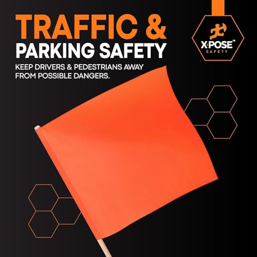 Image of Xpose Safety Orange Vinyl Safety Flags 18 inch x 18 inch with 28 inch Wooden Staff, 4 Pack - High Visibility Warning Flags for Road Work, Traffic Control, Parking Lots & Emergency Response