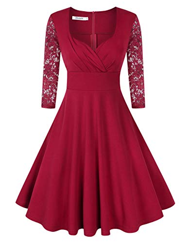 KoJooin Robe de Cocktail Femme Robe plissée au Genou Robe de Soirée Vintage Rétro Polystyles,Bourgogne Manche Longue,L Cover