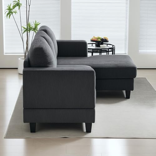 HOMCOM Ecksofa Couch mit Chaiselongue 3 Sitzer Sofa L Form Gepolsterte Eckcouch mit Cord-Optik, Hochdichtem Schaumstoff, bis 400 kg, für Wohnzimmer, Schlafzimmer, 214 x 134 x 87 cm Dunkelgrau