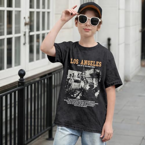 Image of Oversized Boys Graphic Tees Acid Wash Los Angeles Tshirt Youth Cotton T Shirt Crewneck Tee Kids Short Sleeve Tops