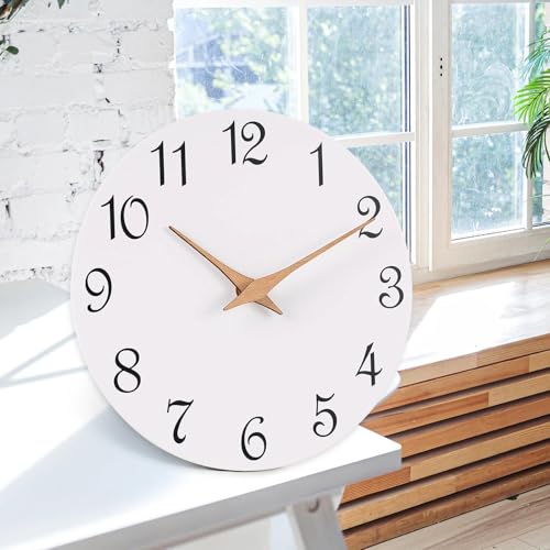 Image of Mosewa Wall Clock White Silent Non Ticking Battery Operated Simple Minimalist Wooden Clock Decorative for Home Bedroom Living Room(14 Inch)