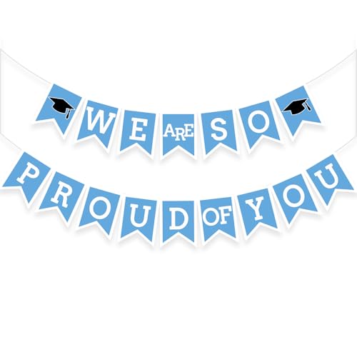 Image of Light Blue We Are So Proud Of You Banner Congrats Grad Cap Bunting Flag Grad Party Decoration Idea