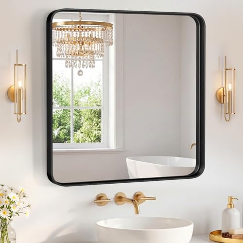 Image of Sweetcrispy Bathroom Mirror 30x30 Inch Metal Framed Rounded Rectangle Vanity Mirror for Wall, Over Sink, Farmhouse, Restroom, Anti-Rust, Modern Decorative, Horizontal or Vertical Hanging, Black