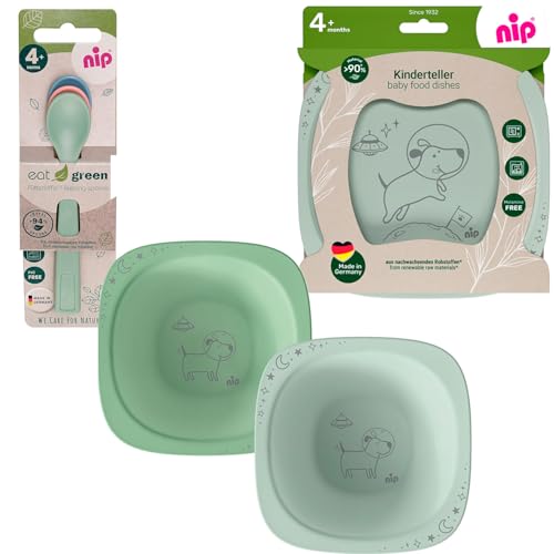 NIP Eat Green Geschirrset ab 4. Monat, 2 Teller, 2 Breischale, 3 Eat Green öko bio Babylöffel,Spülmaschinenfest,Mikrowellegeeignet, Made in Germany, BPA frei, Melamin frei, PVC frei