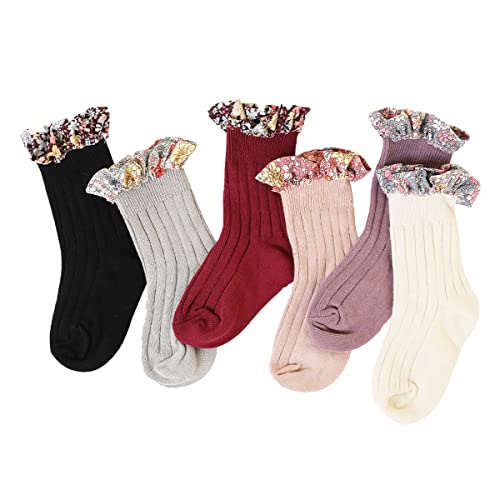 Baby Girls Vintage Ankle Lace Socks Toddler Ruffles Casual Floral Stripe Socks 6 Pack