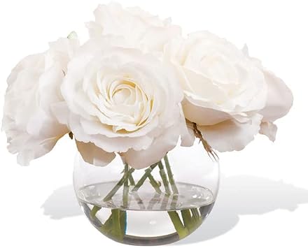 PETALS - Rose Nosegay Silk Flower Arrangement - White - 8" Height x 8" Width - Small Centerpiece, Accent