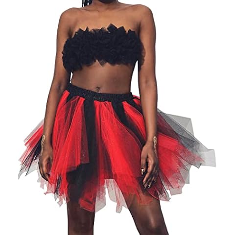 Flovel Tulle Ballet Bubble Skirt Tutu Vintage Short Skirt Tutu Petticoat Elastic Dance Costume Skirts for Women and Girls(Black with Red) Cover