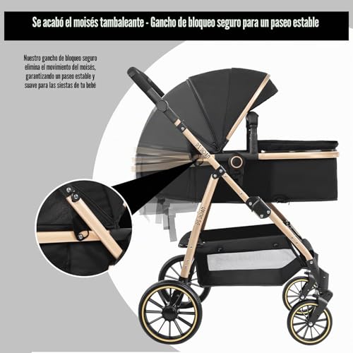 Miniatura 4 de Oubeauou Baby Travel System 3 En 1 Con Moisés Antivibraciones, Cochecito Convertible Y Capazo De Bebé, Alta Visión, Absorción De Golpes, Marco De Aluminio, Para Nacimiento A 36 Meses Caqui