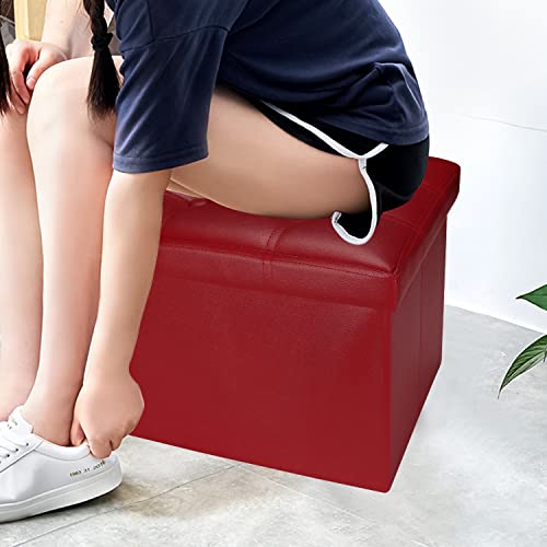 Image of Bsketa Storage Ottoman Bench,17 Inch Folding Leather Foot Rest Stool,Red | Ottoman with Storage, Thicker Foam Padded Seat, Living Room, Dorm, Bedroom, Load 330 lbs, Easy to install,17x13x13in