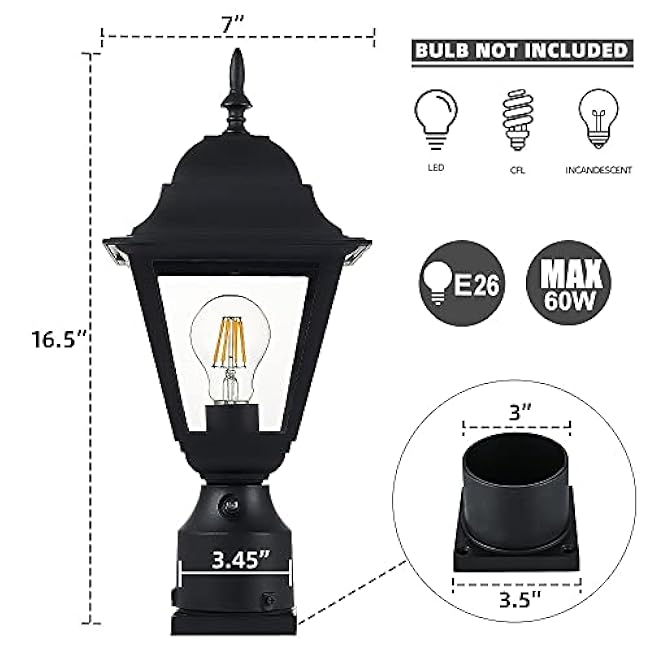Outdoor Post Light Lamp Post Light Fixture Post Lantern Matte Black 16.5in