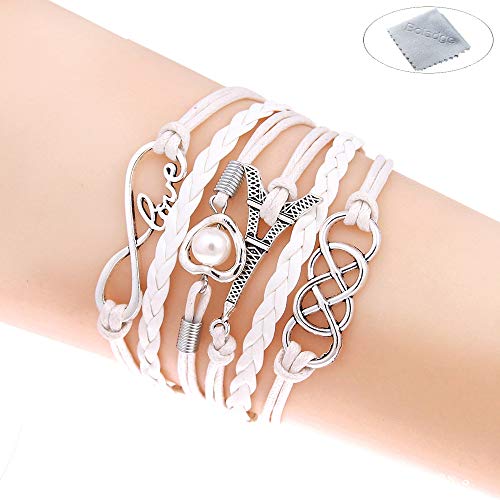 Boladge Women's Infinity Love Heart Tour Eiffel Amitié Bracelet en Cuir Bracelet Argent