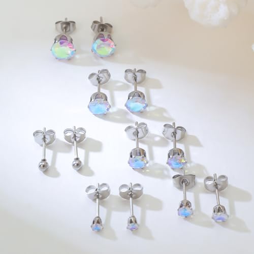 5 Pairs of Surgical Stainless Steel Aurora Borealis Crystal CZ Stud Earrings 3,4,5,6, & 7mm2