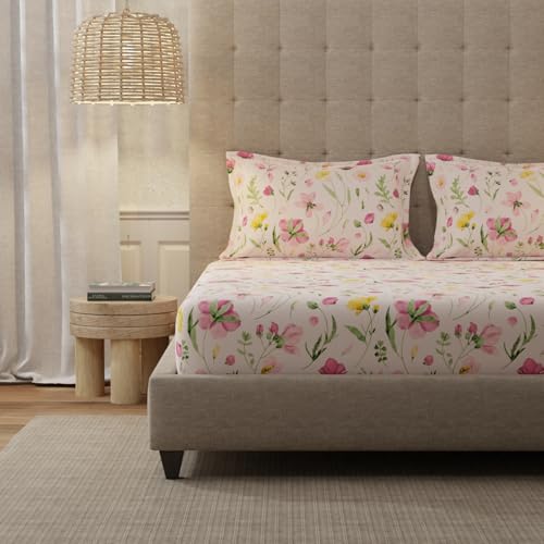 Image of Urban Space Serene 200 TC 100% Cotton Bedsheet for King Bed, Cotton King Bedsheet with 2 Pillow Covers Floral(Meadows Rose Pink, Size 108 x 108 inches)