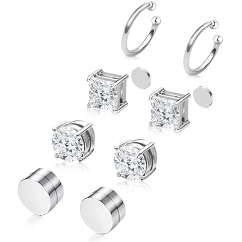 Trinckle Magnetic Earrings for Men and Women, 4 Pairs Silver Stainless Steel Stud Earrings Hypoallergenic Clip on Earrings Ear Cuffs Non Piercing Silver Magnet Cubic Zirconia Earrings Silver Jewelry Cover