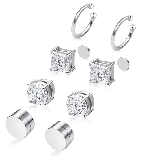 Magnetic Earrings for Men and Women, 4 Pairs Clip on Earrings Stainless Steel Stud Earrings Hypoallergenic Cubic Zirconia Studs Small Non-piercing Silver Ear Cuff Black Fake Earring Set 6-8MM