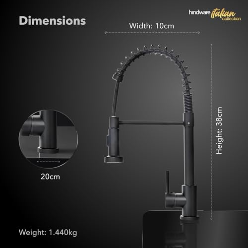 Image of Hindware Italian Collection 2-Function Pull Out Kitchen Sink Mixer for Kitchen with Spring Feature | Made of 304-grade Stainless Steel | Elegant Matte Black Finish | 5-Year Manufacturer Warranty