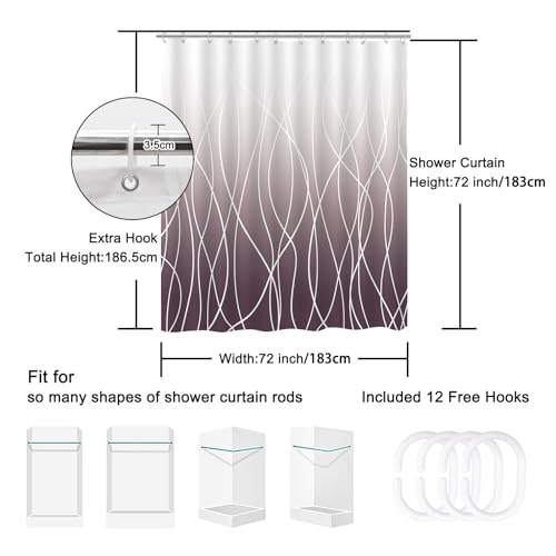 Punkray Burgundy Striped Fabric Shower Curtain for Bathroom with 12 Hooks, Shower Curtains for Bathroom, Waterproof Bath Accessories Hotel Style - Machine Washable 72 X 72 - Thumbnail 6