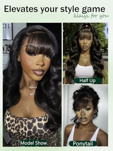 Image of KLAIYI Pre everything 13x4 Lace Front Natural Loose Body Wave With Curtain Bang Glueless Put on and Go Human Hair Wigs Side Part Drawstring Bye Bye Knots Pre Plucked Bleached Ready to Wear Wig 16Inch