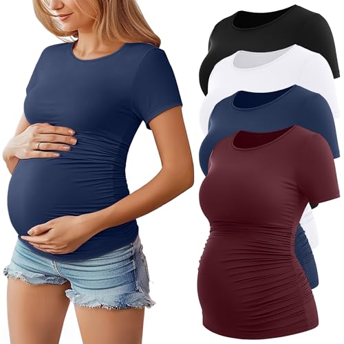 Huukeay 4 Pack Women's Maternity Shirts, Crew Neck Maternity Top Short Sleeve Casual Cotton Tee Side Ruched Pregnancy Clothes