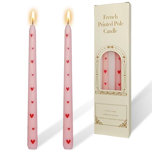 Pretty Pink Little Heart Taper Candle Sticks - Colorful candlesticks Unscented Party Gift Holiday Dinner Table Decorations 10 inch Set of 2