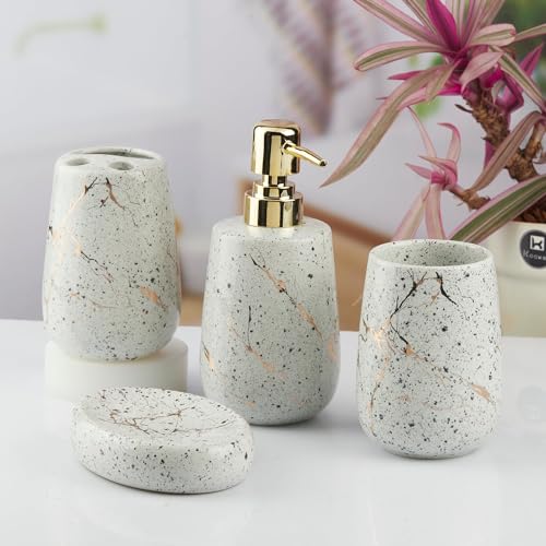 Image of Kookee Ceramic Bathroom Accessories Set 4 Piece | Soap Dispenser, Toothbrush Holder, Tumbler & Soap Dish | Modern Bath Decor for Home & Guest Bathroom, Light Grey (10429)