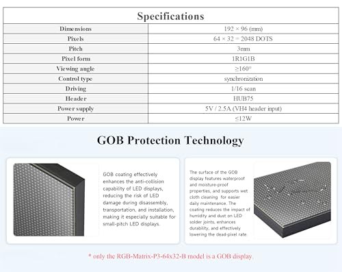 Image of 64x32 2048 RGB Full Color LED Matrix Panel,3mm Pitch, Display Text /Colorful Image /Animation Adjustable Brightness, Chainable, Compatible with Raspberry Pi / Pi Pico / ESP32, GOB Version-Water-Proof