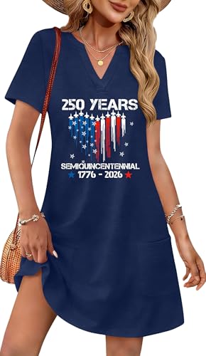 Image of Ithalt 4th of July Dresses for Women Patriotic Dress Red White and Blue Outfits American Flag V Neck Sundress with Pockets