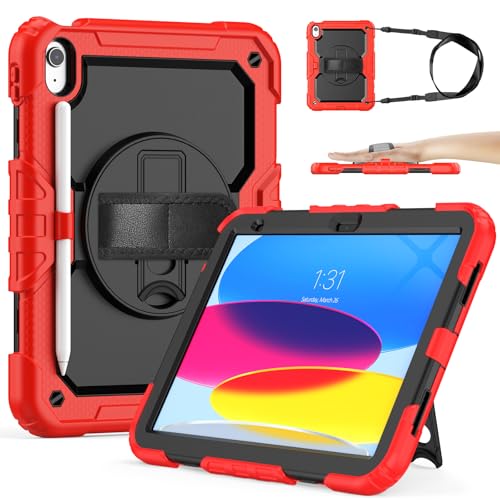 Sibeitu for iPad (A16) 11th/ 10th Generation Heavy Duty Case 10.9 Inch 2025/2022 with Screen Protector, Military Grade Defender Protection, Rugged Shockproof Cover with Stand & Strap, Red