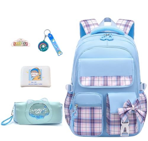 5Pcs Blue Backpack for School Girls - Kawaii Elementary School Bookbag for Kids Cute Plaid Girls Daypacks for Students Teen Kids Casual Travel Bag (Blue Plaid)