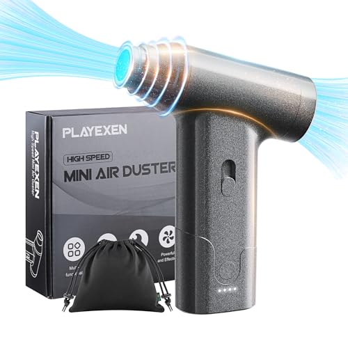 Playexen Aire Comprimido Limpieza PC, 110000 RPM Soplador de Polvo y Aspiradora de Mano sin Cable 2 en 1, Compresor Aire Portatil con Kit de Limpieza, Mini Aspirador para Laptop Teclado Coche Oficina