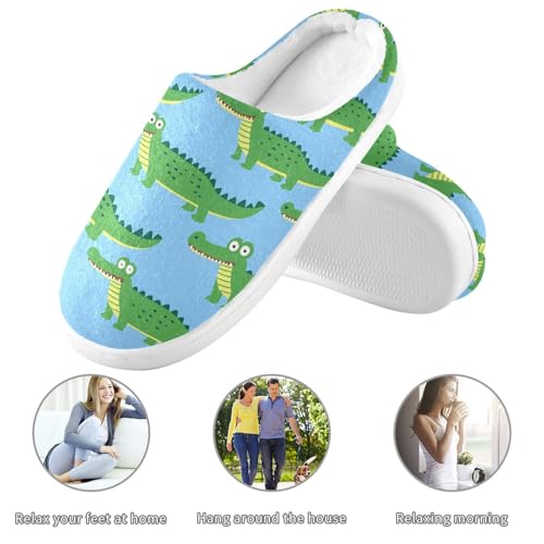 JUNZAN Green Crocodiles Blue Women Home Cotton Slippers Non Skid Memory Foam House Shoes for Hospital Funny Presents 6-73