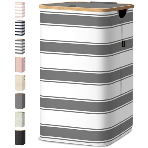 Image of BALEINE Laundry Hamper with Lid, Tall Laundry Baskets with Bamboo Pull Handles, Large Laundry Bin with Internal Support (18 Gal /70L, Grey Stripe)
