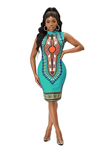 SheKiss Womens African Dashiki Skirts Sleeveless Bodycon Stretch Knee Nigerian Dress Green - Thumbnail 4