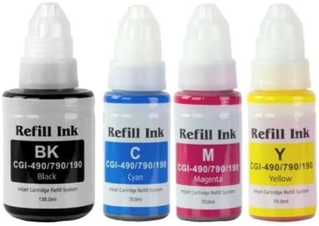 Refill Ink Compatible with Canon GLI490 Printer, CMYK 4 Colour Set, Black Cyan Magenta Yellow