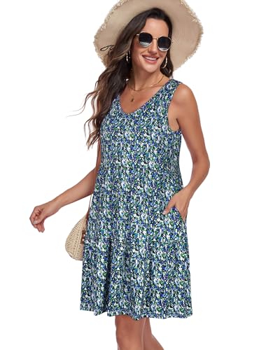 Image of Sundresses for Women Summer Sleeveless Tiered Swing V Neck Tank Dress | 2026 Casual Loose Tank Dress with Pockets, A-Line Flowy Beach Sun dress, Vacation Cruise Fashion Outfits