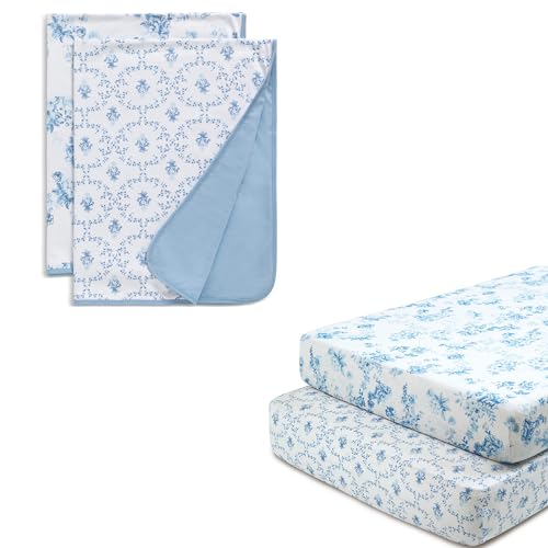 Image of Delta Children 100% Organic Cotton Fitted Crib Sheets, Blue Botanicals + 100% Organic Jersey Cotton Baby Receiving Blankets - 30x40 Inches - GOTS Certified (Pack of 2) (Bundle)