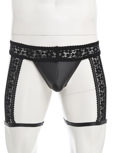Thongs for Mens PU Leather Sissy Panties Lace Garter G-String Thong Bulge Enhancing Underwear3