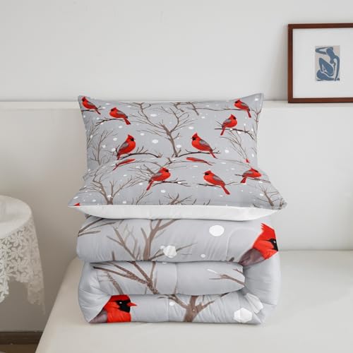 Image of Feelyou Bird Comforter Set Red Birds Snowflakes Bedding Set Winter Landscape Cardinals Comforter for Boys Girls Child Kids Retro Bedroom Decor Tree Branches Duvet Set King Size with 2 Pillow Case