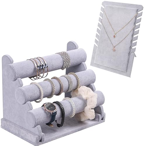 Consejos para Comprar Expositores y envases para bisutería los 10 mejores. 43 Conjunto De Exhibidor Porta Pulsera/Reloj(3 Niveles) + Exhibidor Collar, desmontable (Gris)