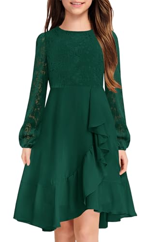 MITILLY Girls Lace Flower Ruffle Dress Long Sleeve Chiffon A Line High Low Junior Bridesmaid Dresses for Wedding Party